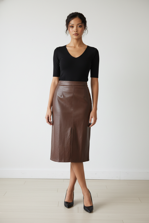 Patricia Faux Leather Pencil Skirt I Brown