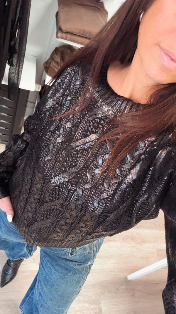 Metallic Cable Knit Sweater I Black