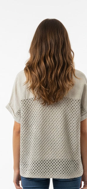 Leah Linen blouse with Crochet Back I Almond