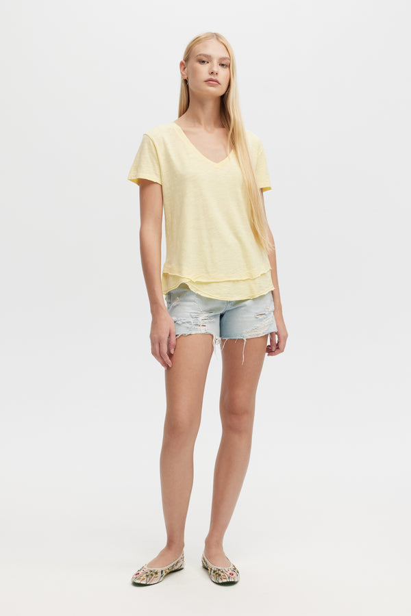 Ava V-Neck Mock Layer T-shirt | Butter Yellow