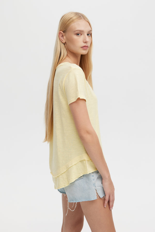 Ava V-Neck Mock Layer T-shirt | Butter Yellow