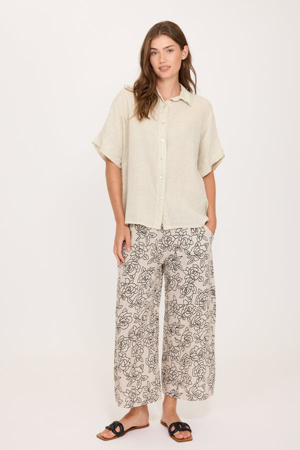 Leah Linen blouse with Crochet Back I Almond