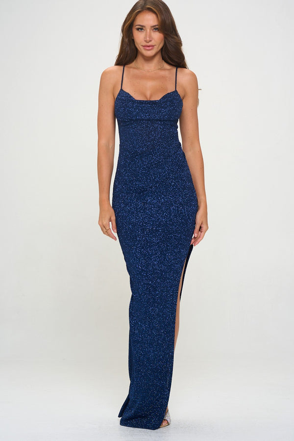 Roxie Glitter Side Slit Gown I Navy
