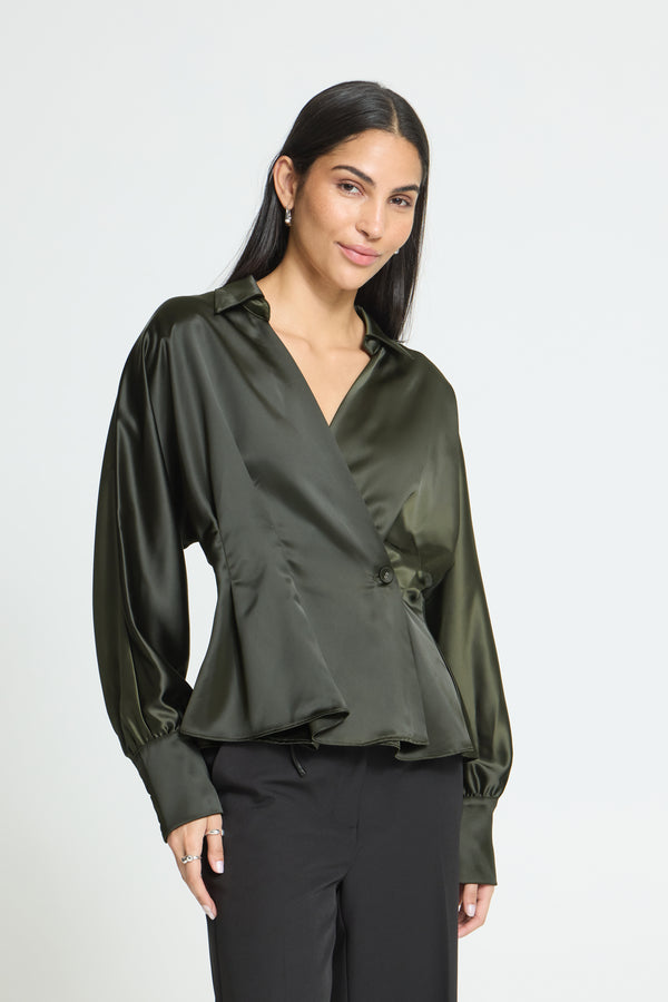 Army Satin Wrap Blouse