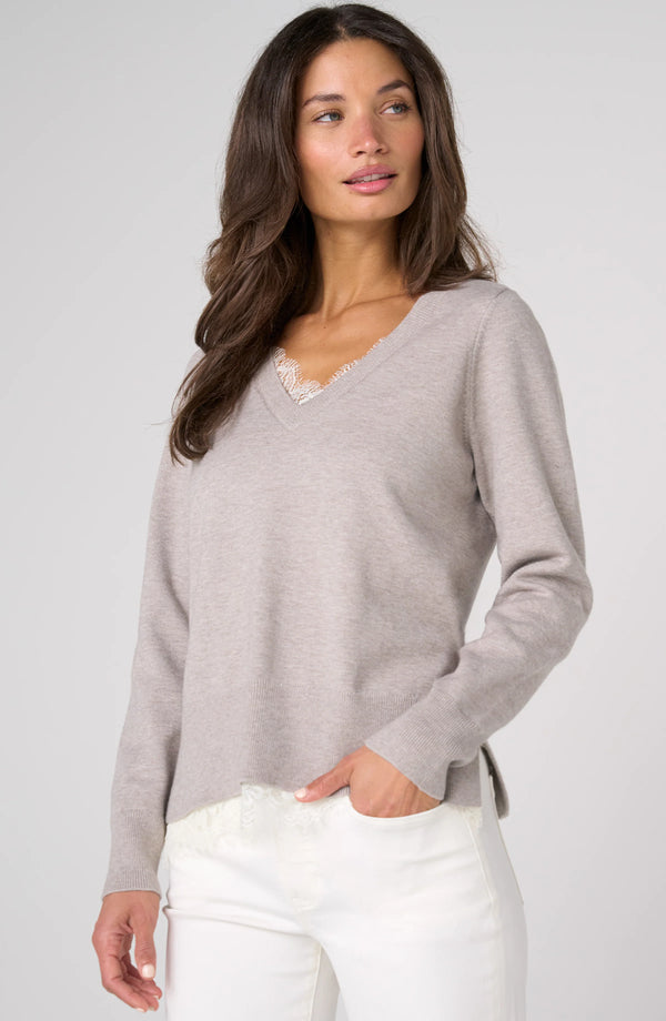 Lace Inset V Neck Sweater I Heather Grey