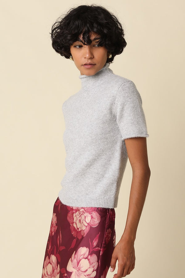 Rita Rolled Neck Short Sleeve Knit I Heather Grey