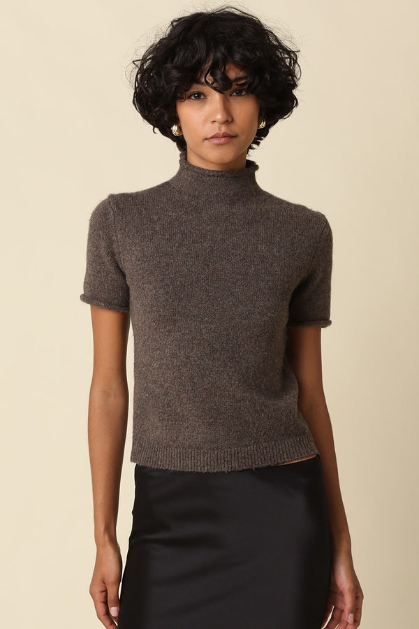Rita Rolled Neck Short Sleeve Knit I Brown