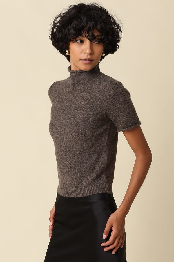 Rita Rolled Neck Short Sleeve Knit I Brown