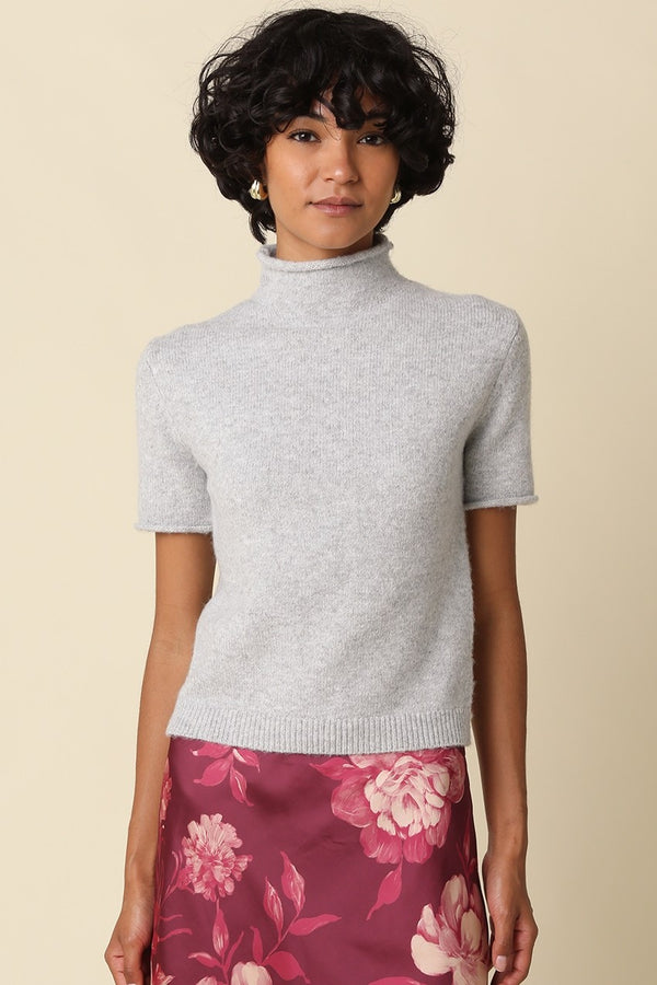 Rita Rolled Neck Short Sleeve Knit I Heather Grey