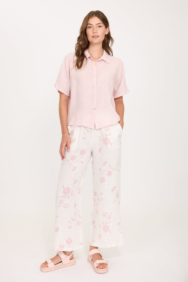 Shana Short Sleeve Linen Blouse I Pale Pink