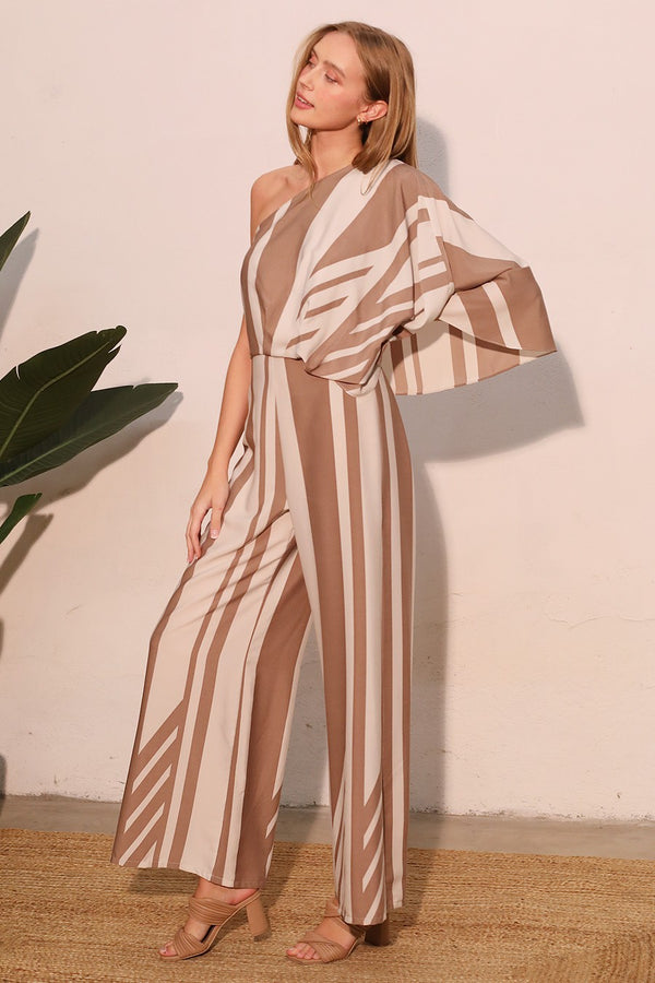 Tonal Striped One-Shoulder Jumpsuit
