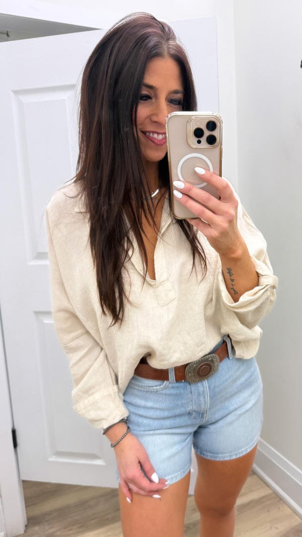 Maddie Linen Pull-over Blouse I Beige