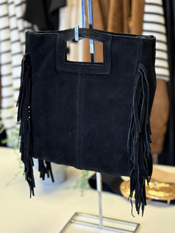 Fringe Top Handle Square Purse I Black