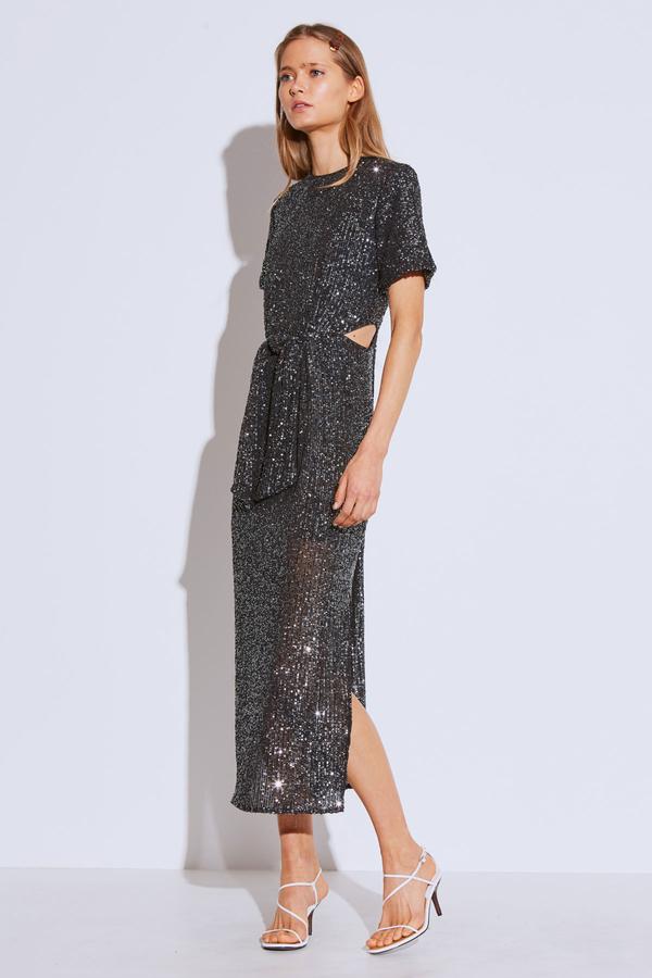 c/meo collective lustre midi dress $425 C/MEO Collective Women Black Lustre Sequin Stripe Short Sleeve Midi Dress L