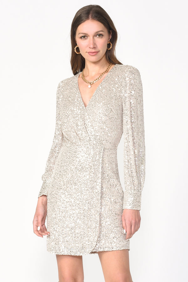 Yara Sequin Wrap-Front Dress | Silver